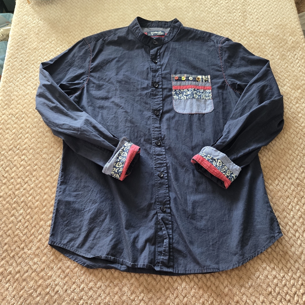 Desigual Men’s Shirt Medium Blue Button-Up Mandarin Collar Patch Pocket LS Mens - Picture 2 of 11